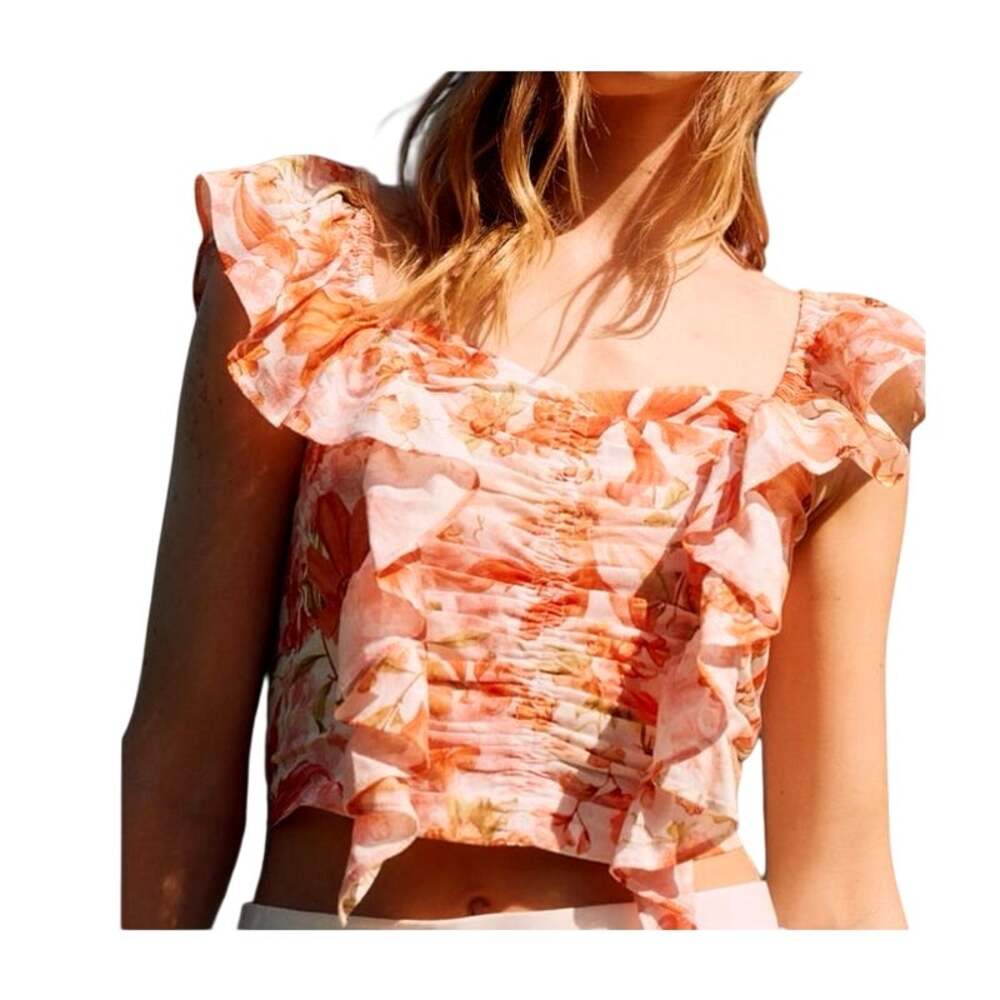 H&M Women's XLarge Coral Red Floral Linen Blend Cropped Sweetheart Neck Blouse